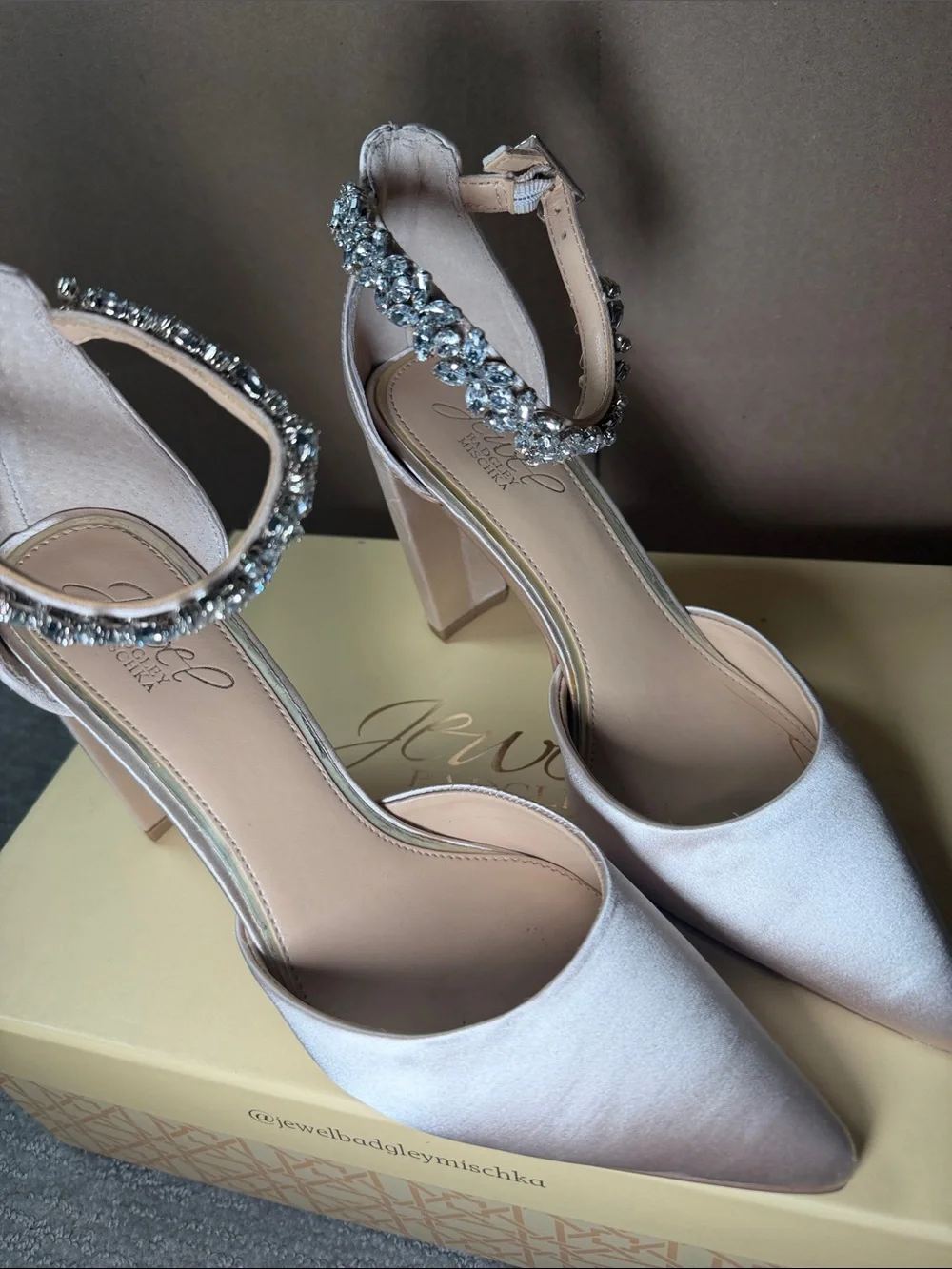 Jewel Badgley Mischka Blush Pink Satin Crystal-Ankle Heels 4 inch